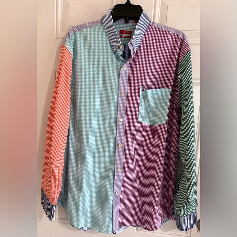 Izod Men Rainbow Colorblock Casual Button‎ Down Shirt Stretch Preppy Beach Large